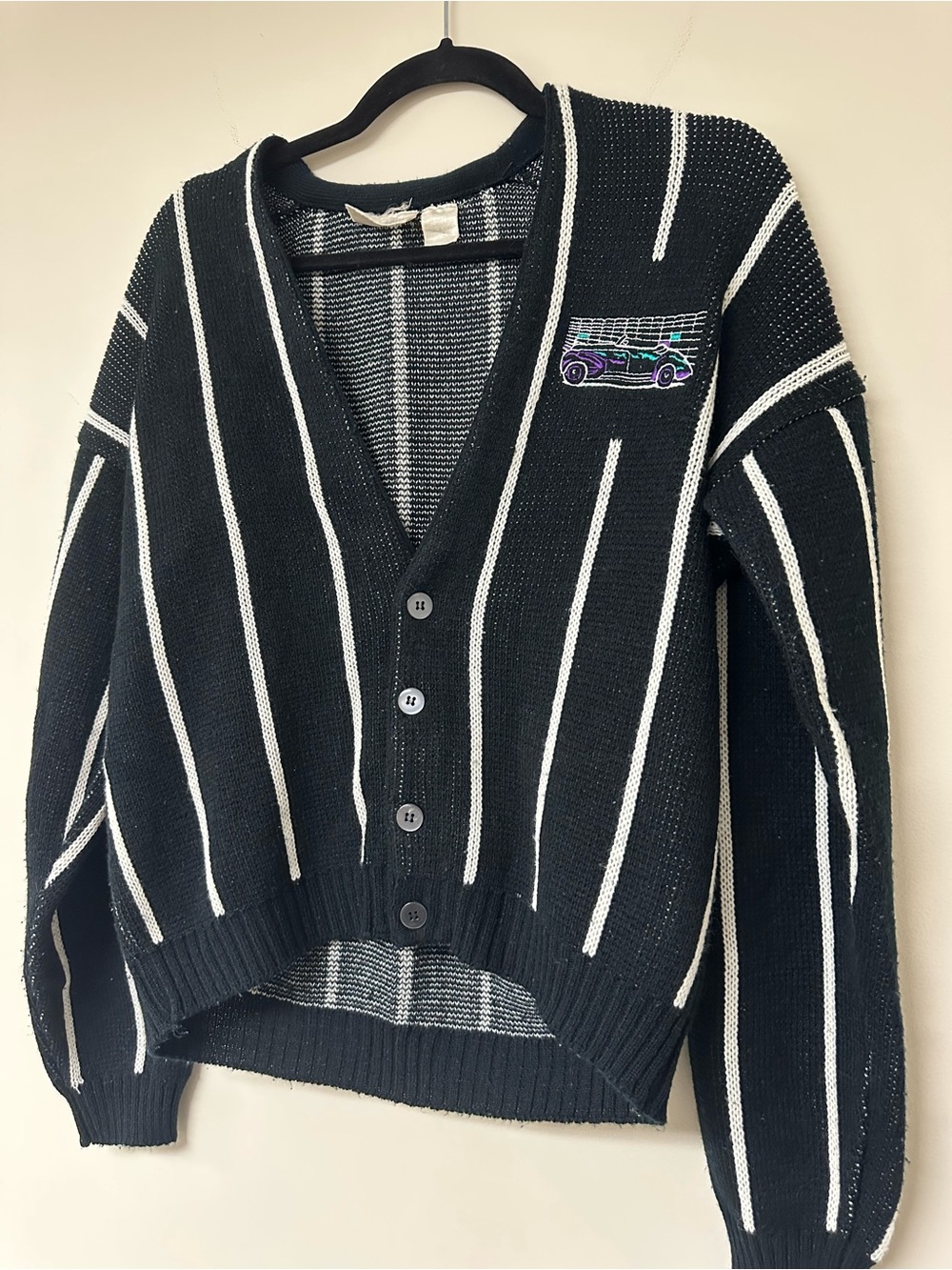 Vintage 90’s Black & White Stripe V-Neck Cardigan Sweater - Picture 2 of 10